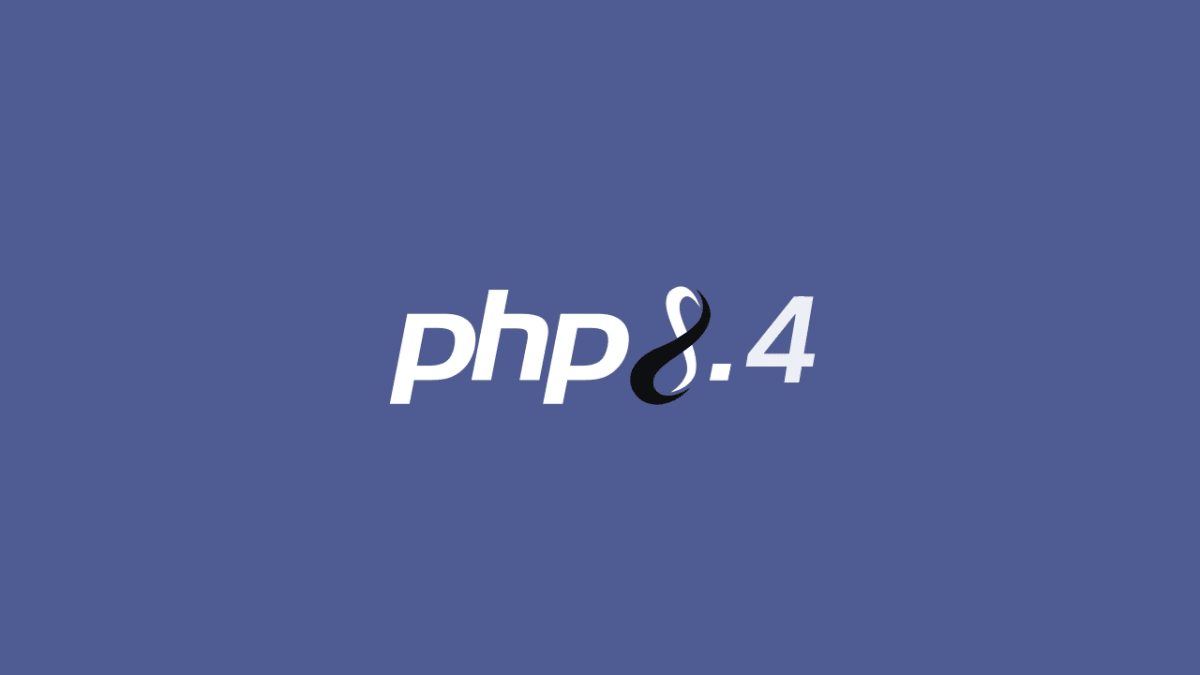 Logotipo de PHP 8.4 con código abstracto en el fondo.